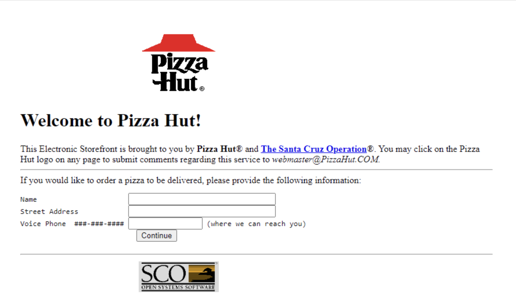 imagem da página da pizzahut em 1995